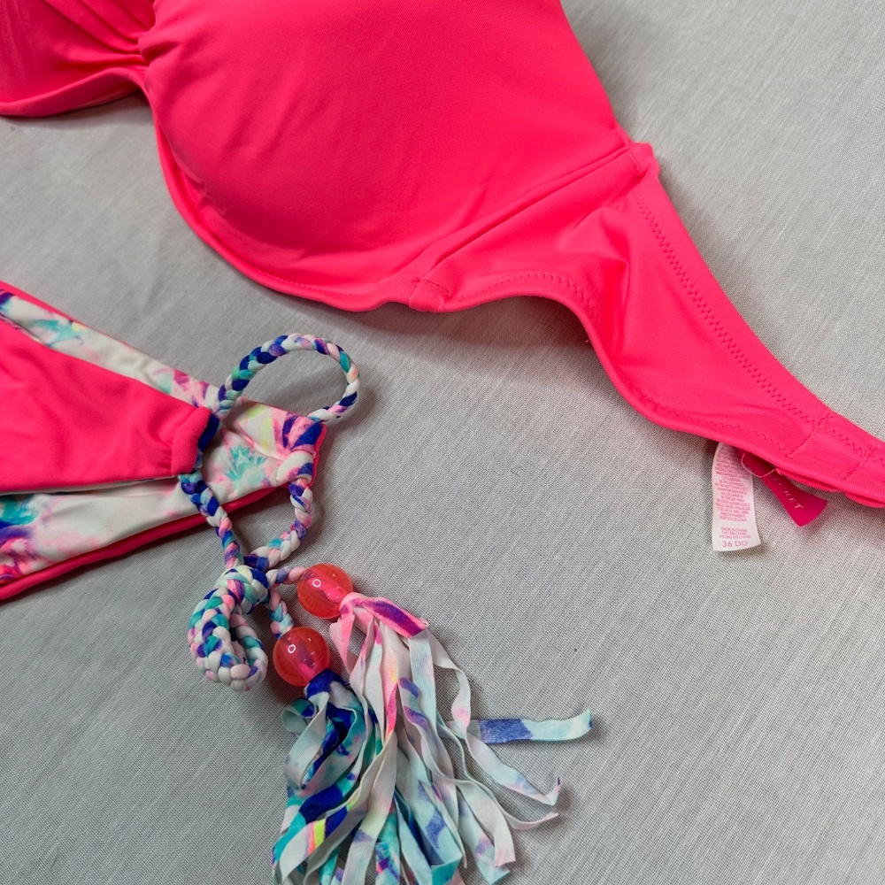 Victoria's Secret Push Up Bikini Reversible Bottoms size L 36DD Fringe Hot Pink - Picture 6 of 6